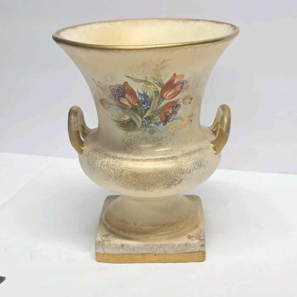 Vintage 40s Red Wing Pottery JB Hudson Hand Painted Handled Floral Vase MCM